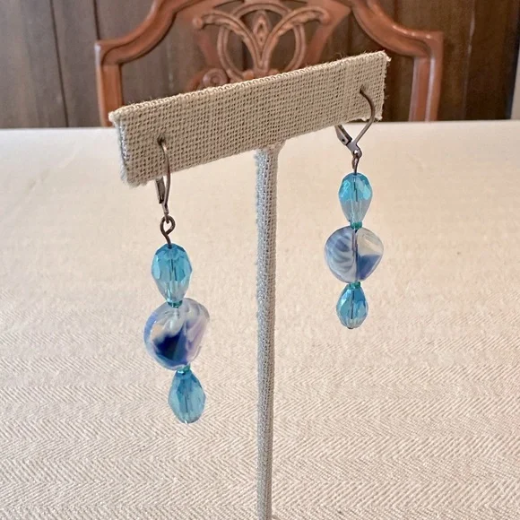 Handmade Antique Copper Teal Blue Green Glass Long Boho Earrings Leverback - Picture 8 of 10